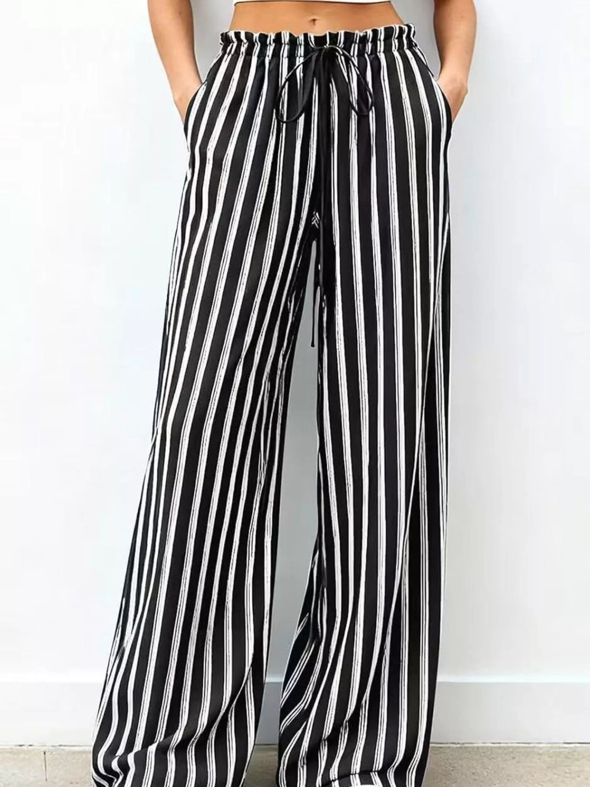 Striped Wide-Leg Drawstring Pants - Lilixa.store