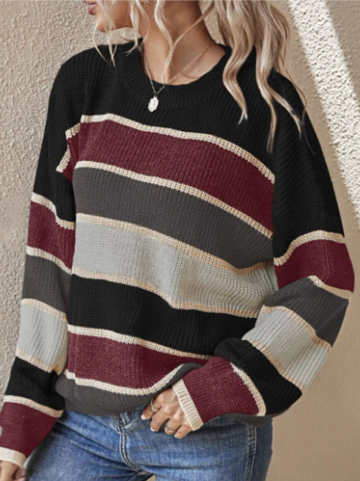 Color Block Striped Crew Neck Sweater