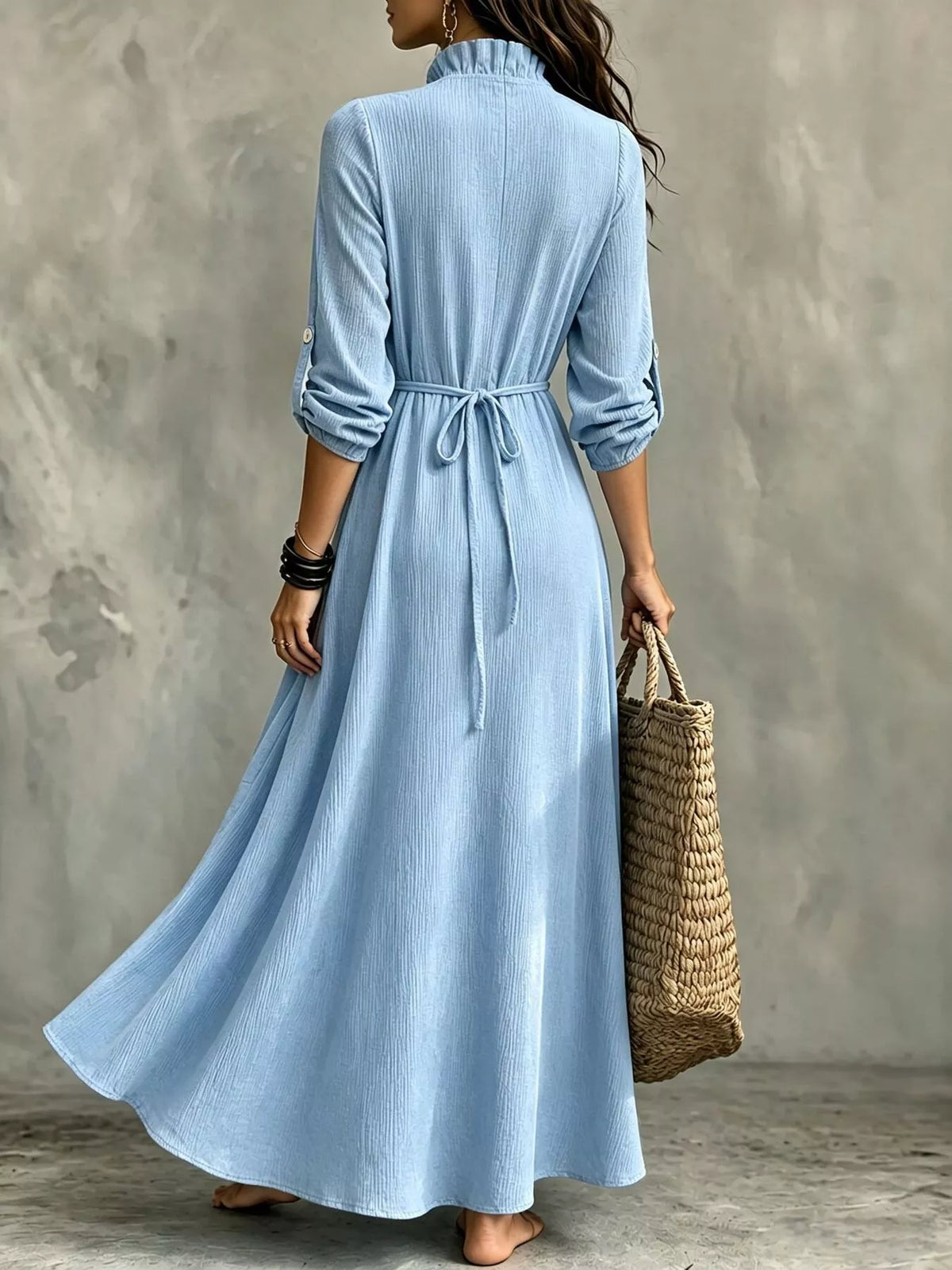 Full Size V-Neck Maxi Dress with Roll-Up Sleeves Plus Size - Lilixa.store