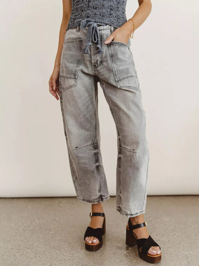 Drawstring Wide Leg Cropped Jeans in Grey