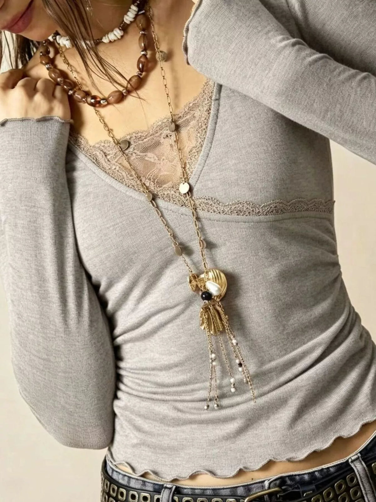 Lace Detail Long Sleeve T-Shirt - Lilixa.store
