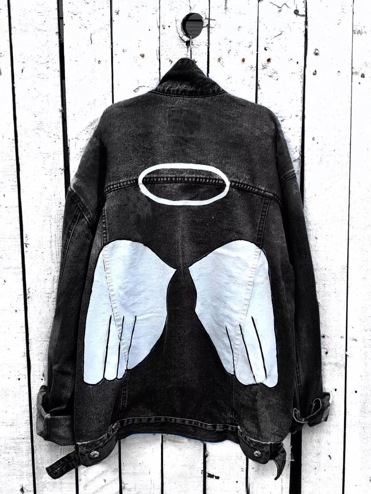 Full Size Angel Wings Graphic Back Denim Jacket Plus Size