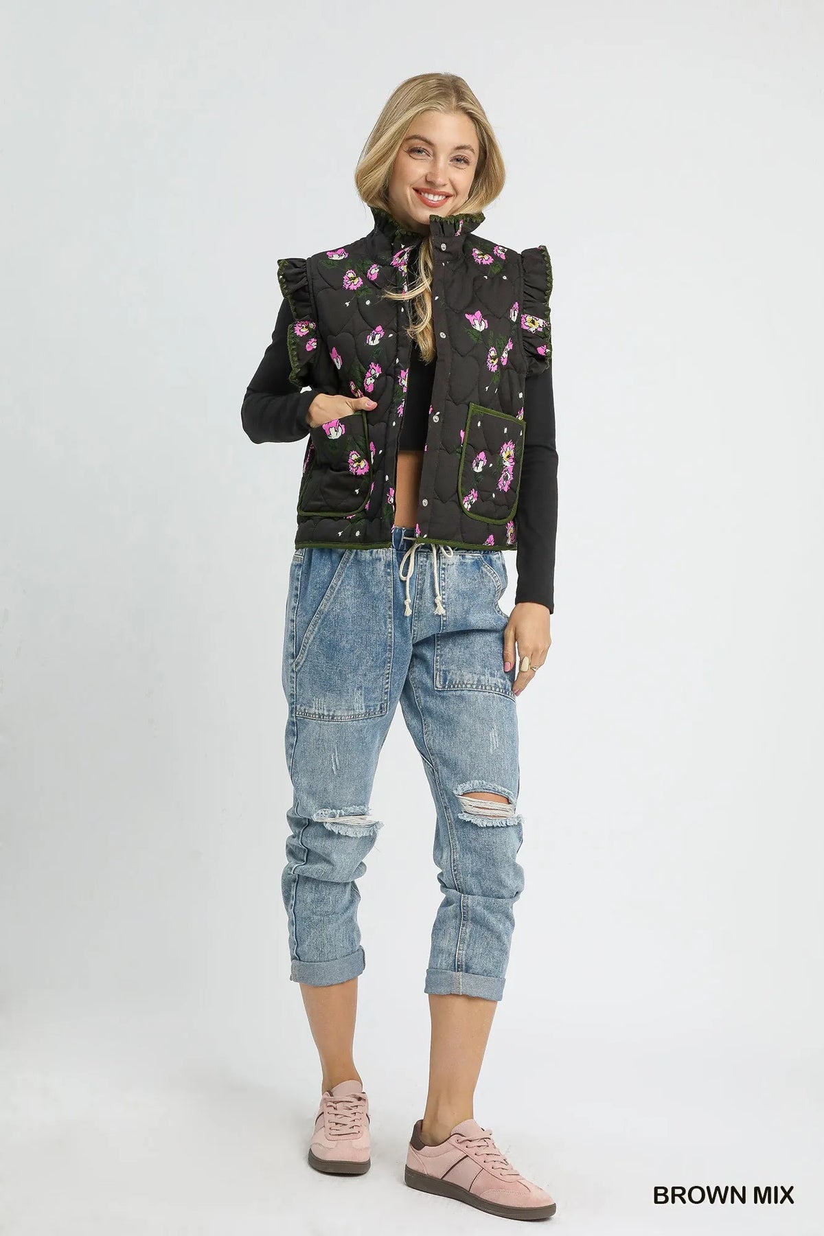 Umgee Ruffled Quilted Floral Snap Down Vest, view 2