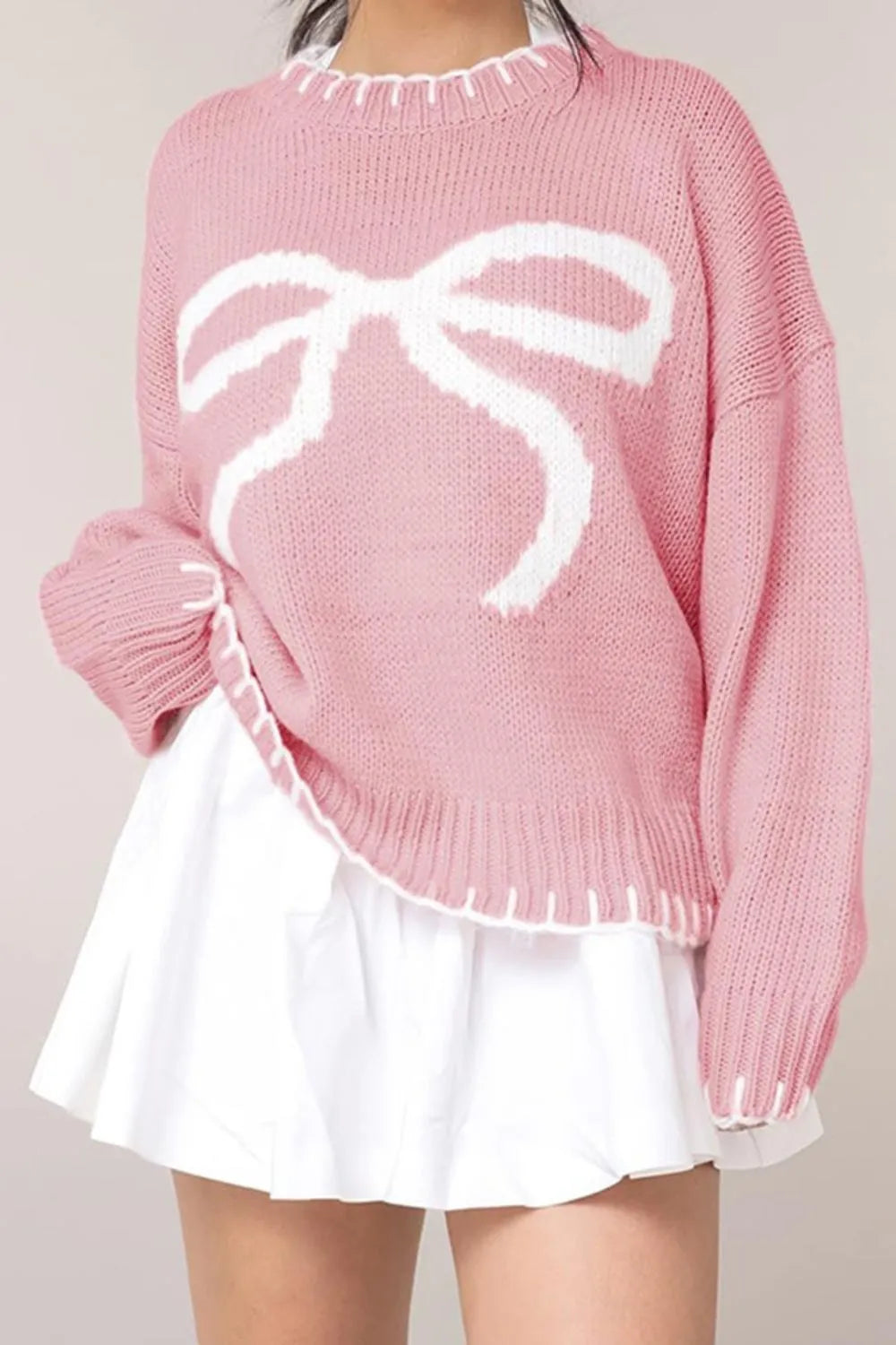 Bow Graphic Round Neck Long Sleeve Sweater - Lilixa.store