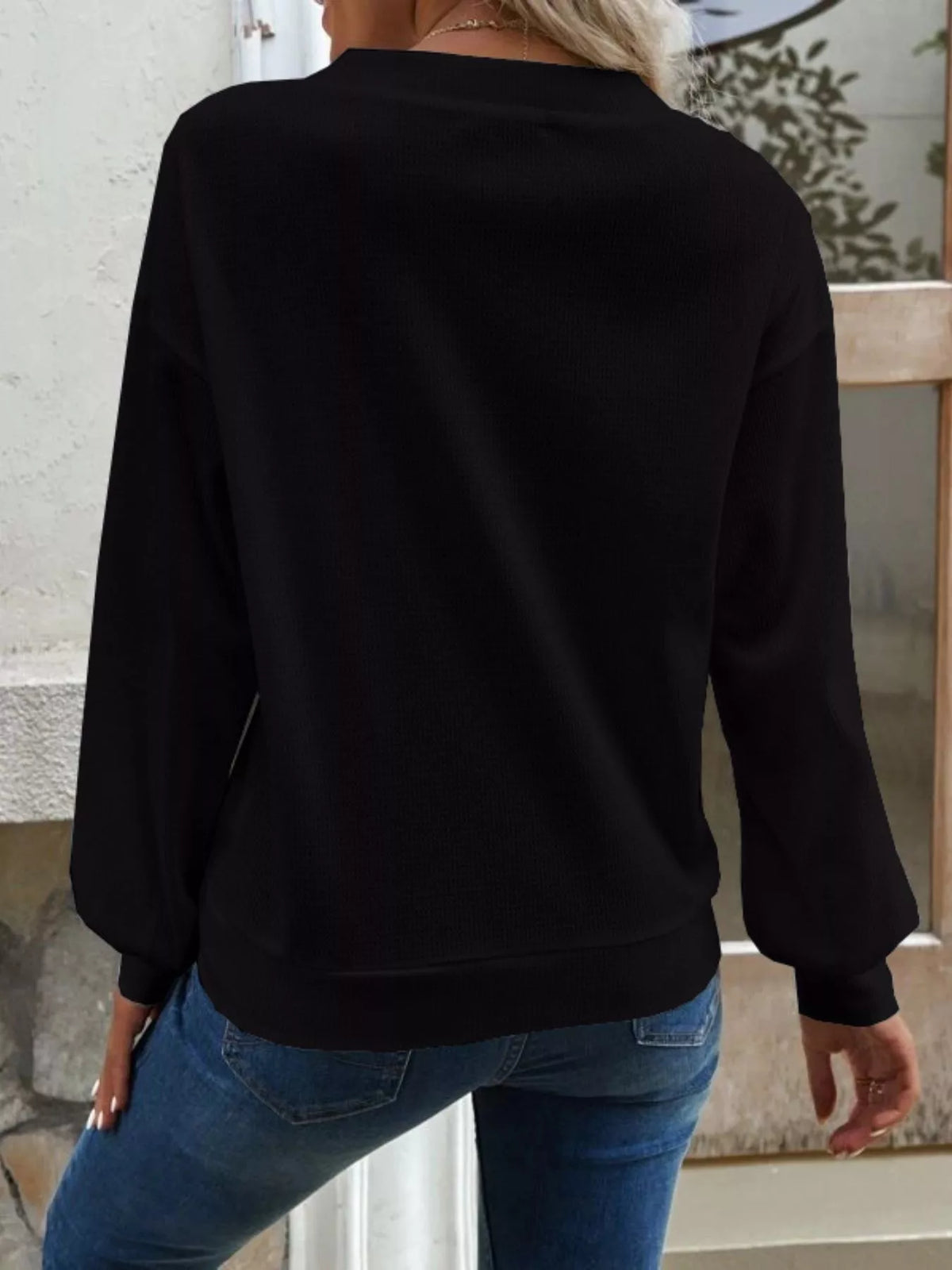 Casual V-Neck Waffle Long Sleeve Top, view 4