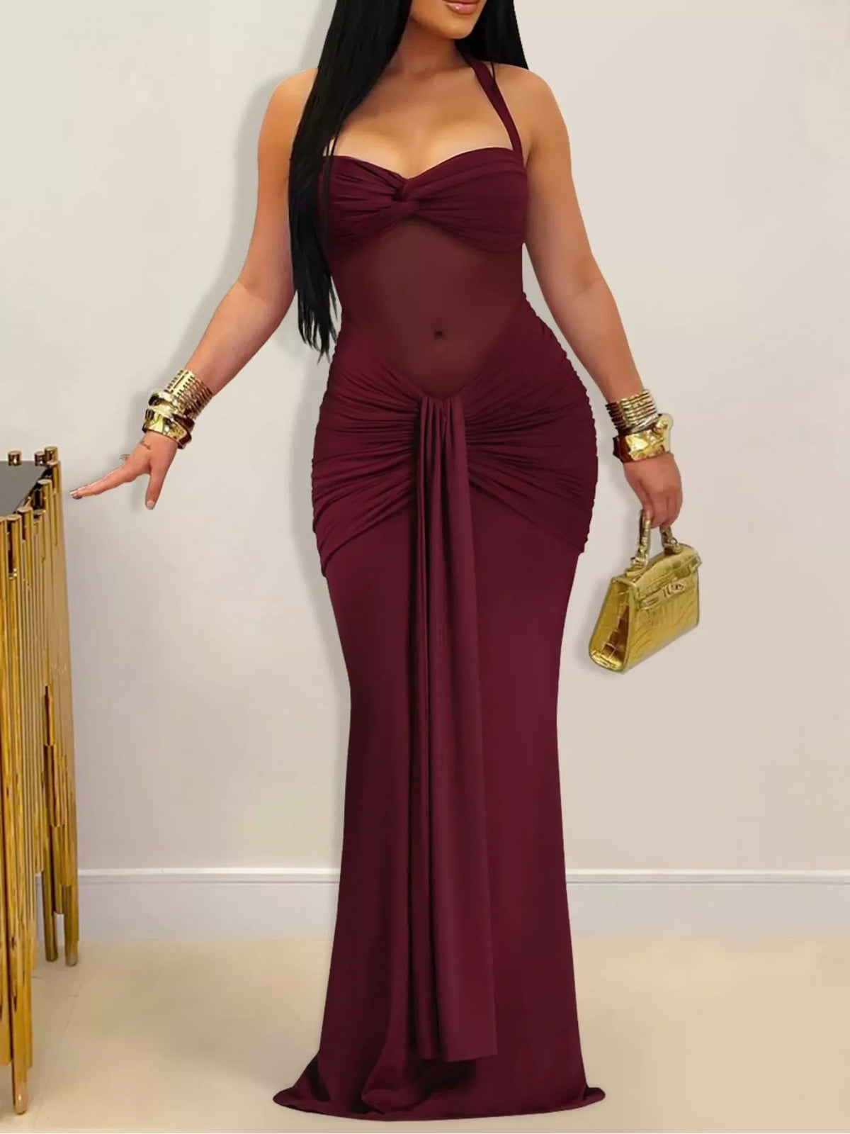 Twisted Front Ruched Bodycon Maxi Dress - Lilixa.store