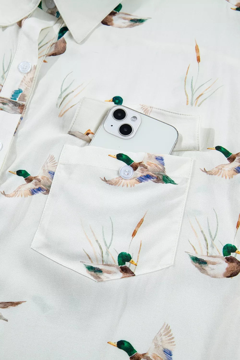 Mallard Printed Button Flap Pocket Short Sleeve Shirt in White, view 11