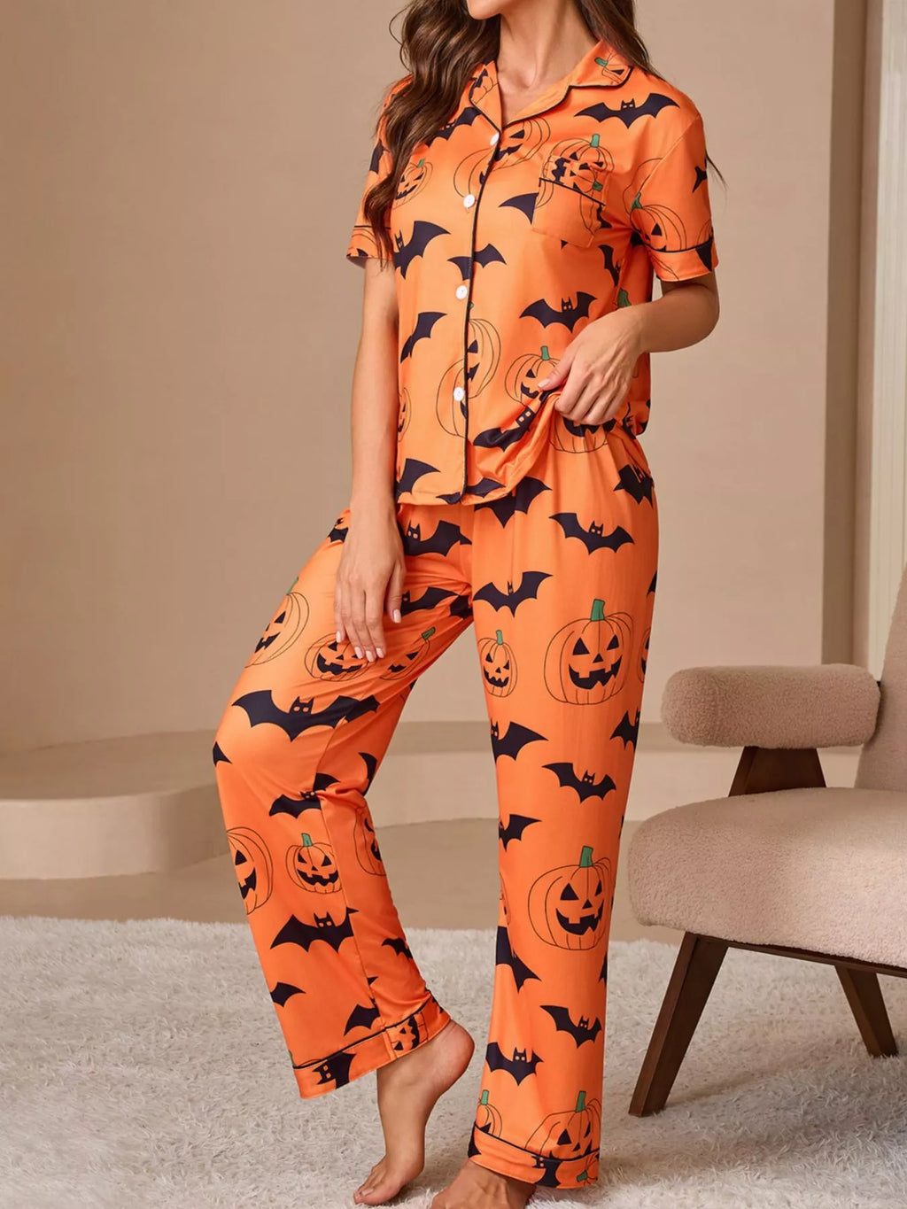 Halloween Pumpkin and Bat Print Button-Down Top and Pants Lounge Set - Lilixa.store