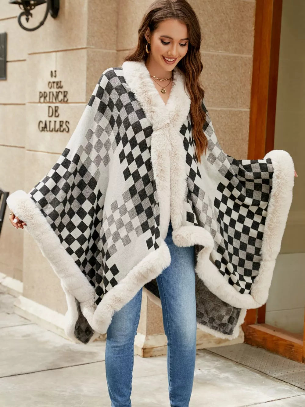 Checkered Faux Fur Trim Poncho, view 2