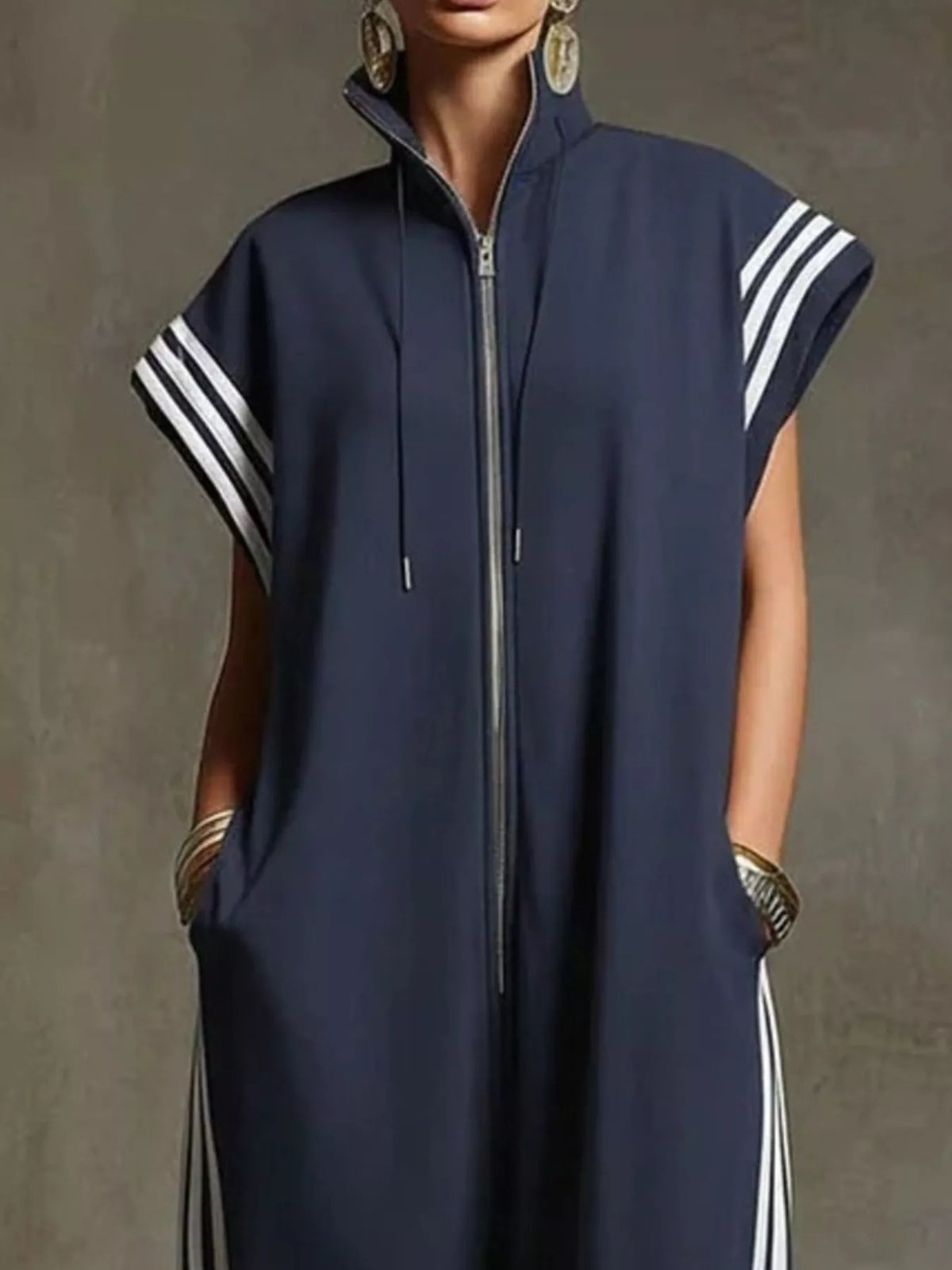 Full Size Side Stripe Zip-Front Wide Leg Jumpsuit Plus Size