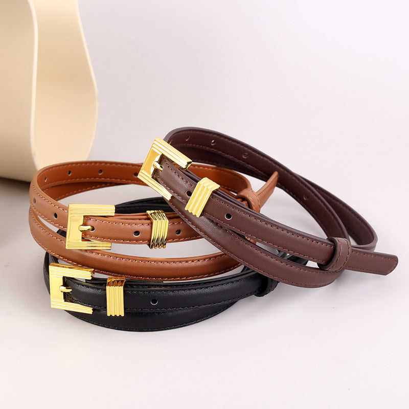 Skinny Leather Belt with Golden Buckle - Lilixa.store