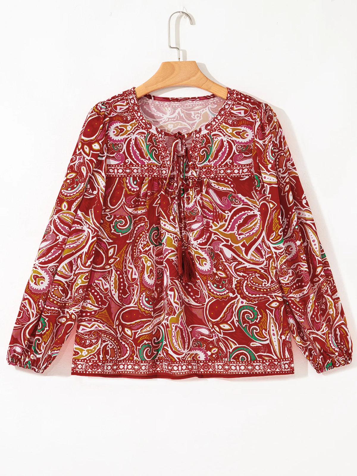 Multicolour Ethnic Paisley Print Tassel Tie Puff Sleeve Boho Blouse in Floral, view 6