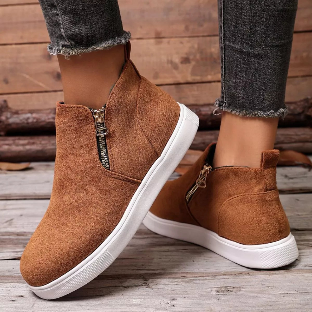 Suede Ankle Boots with Side Zipper in Brown
