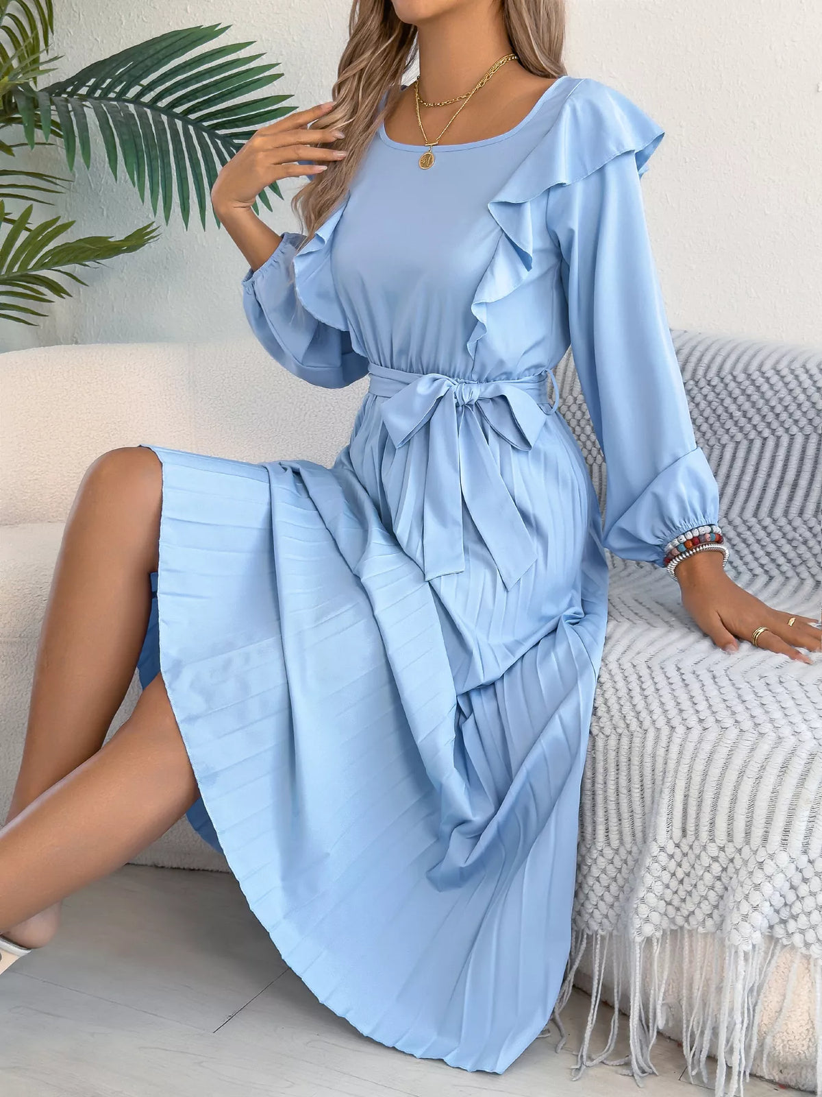 Ruffled Pleated Midi Dress with Waist Tie, view 2