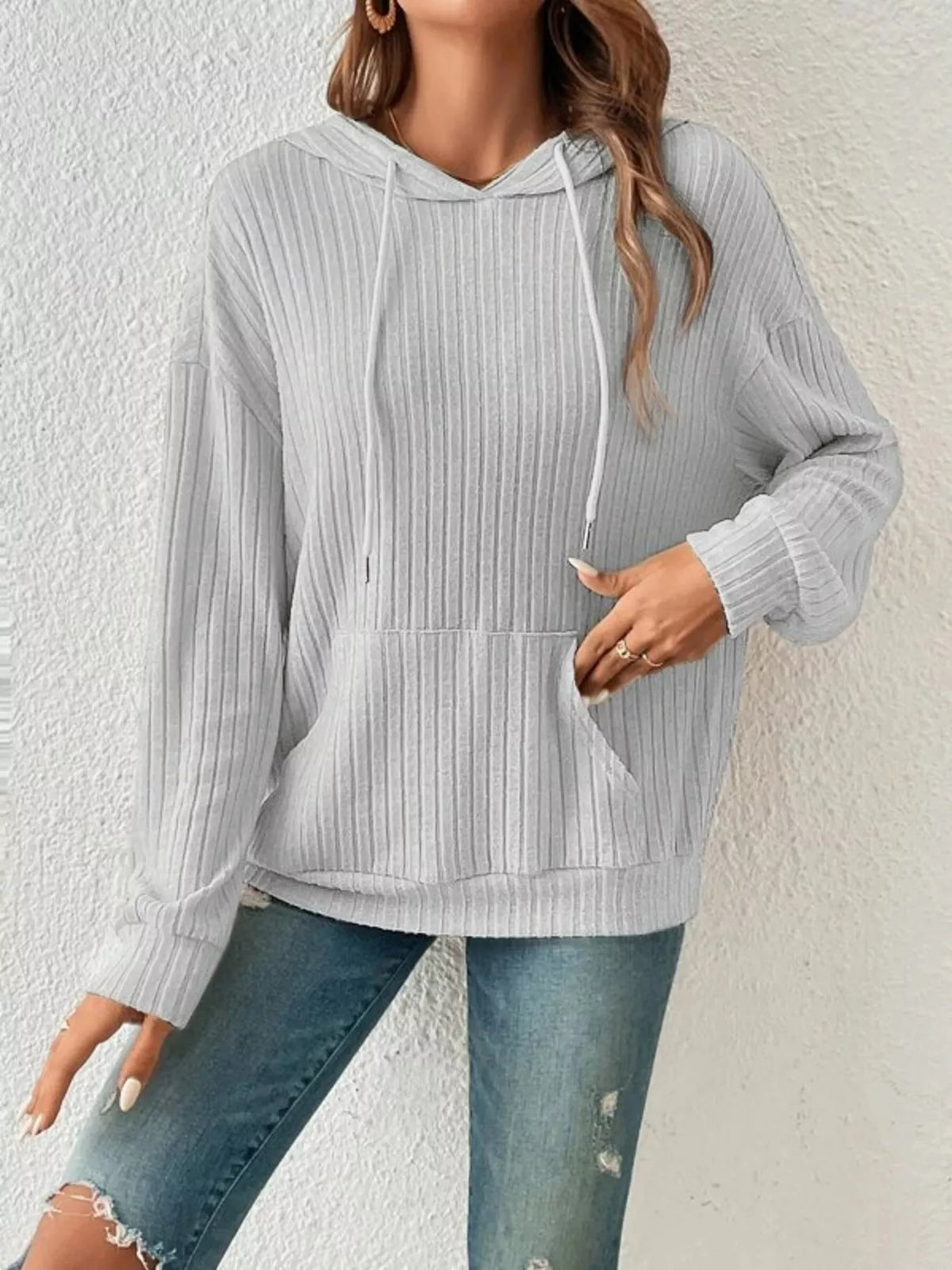 Casual Ribbed Knit Drawstring Hoodie - Lilixa.store