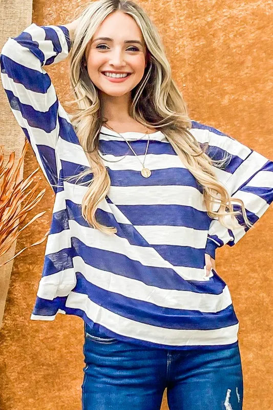 And The Why Stripe Twist Back Loose Top in Navy, view 4