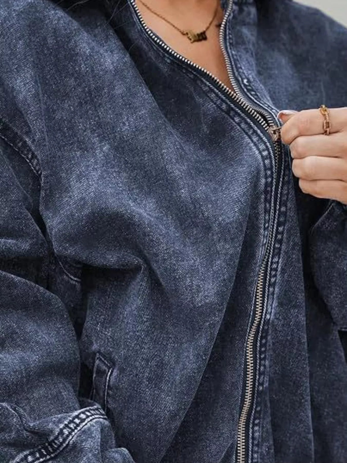 Vintage Washed Zip Up Hooded Denim Jacket, view 8