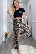 Lettuce Trim Cropped T-Shirt and Leopard Pants Lounge Set - Lilixa.store