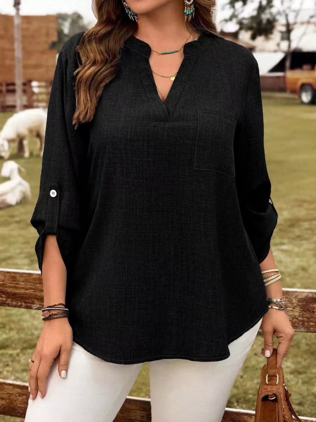 Plus Size Notched Roll-Tab Sleeve Casual Blouse - Lilixa.store