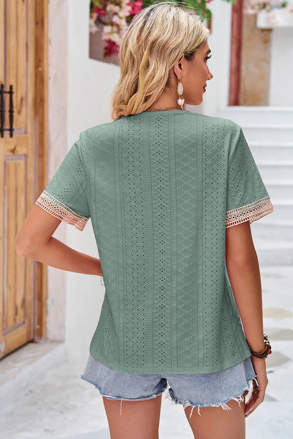 Eyelet V-Neck Short Sleeve T-Shirt - Lilixa.store