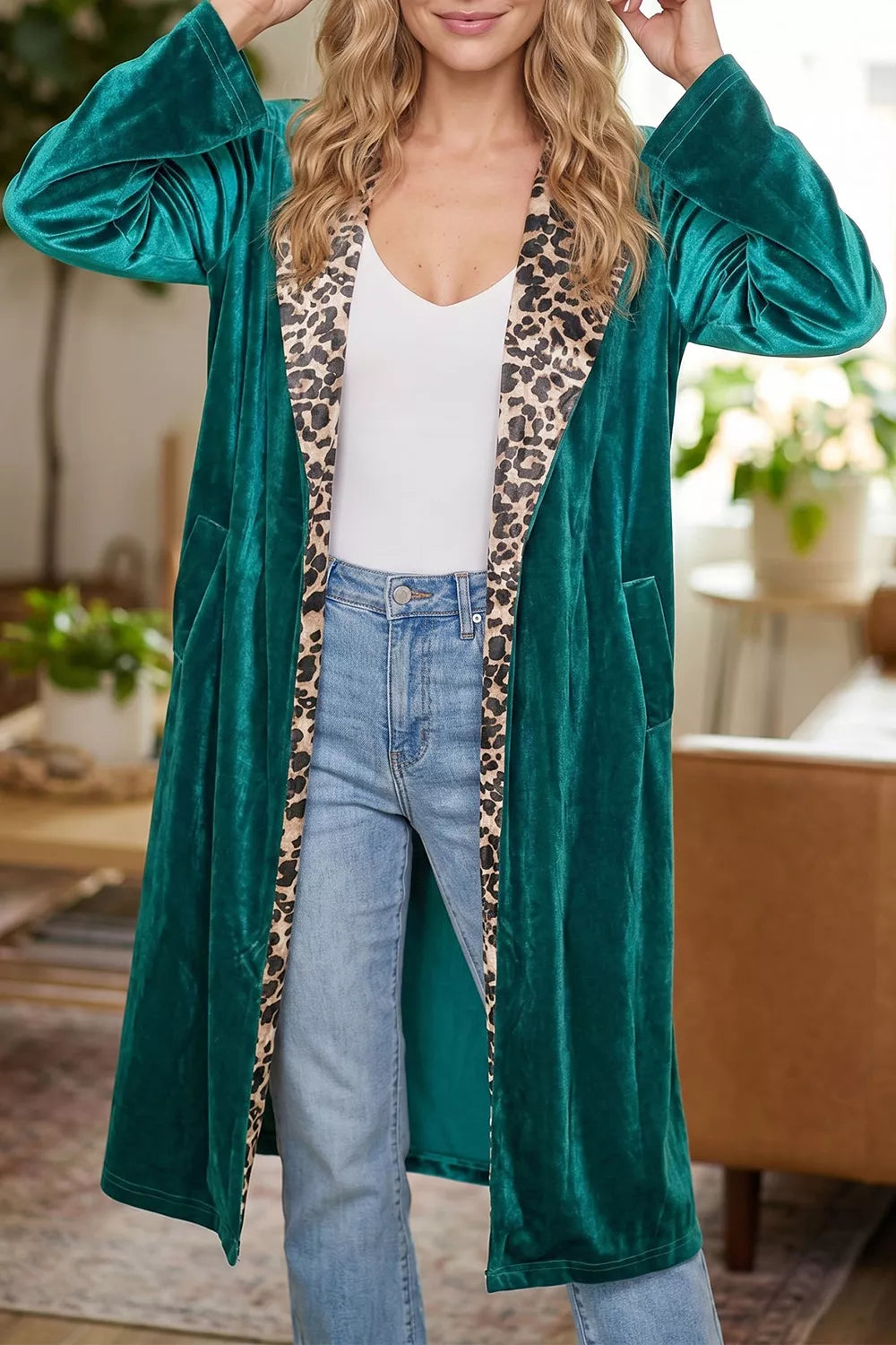 Velvet Contrast Leopard Print Lapel Collar Open Front Cardigan in Deep Teal