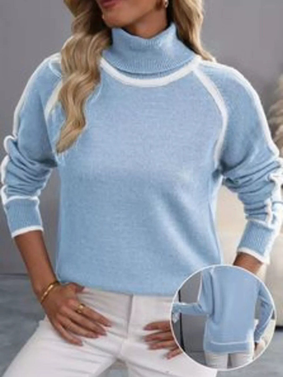 Full Size Contrast Trim Ribbed Hem Turtleneck Sweater Plus Size