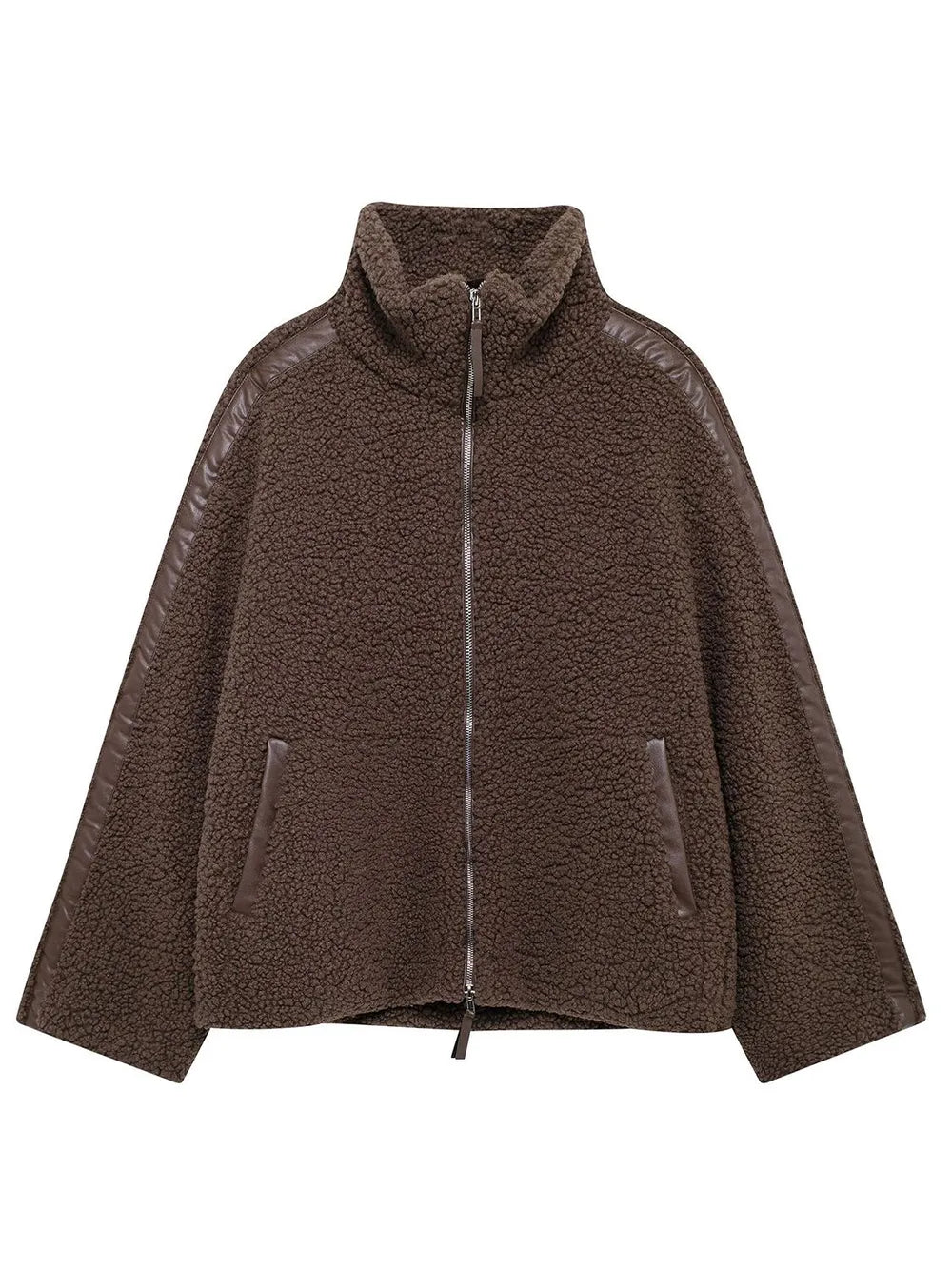 Zip Up Turtleneck Long Sleeve Plush Jacket in Dark Brown