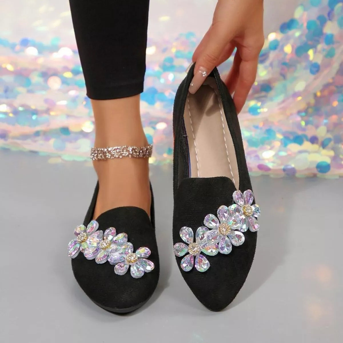 Rhinestone Point Toe Flats Slip-Ons in Black, view 3