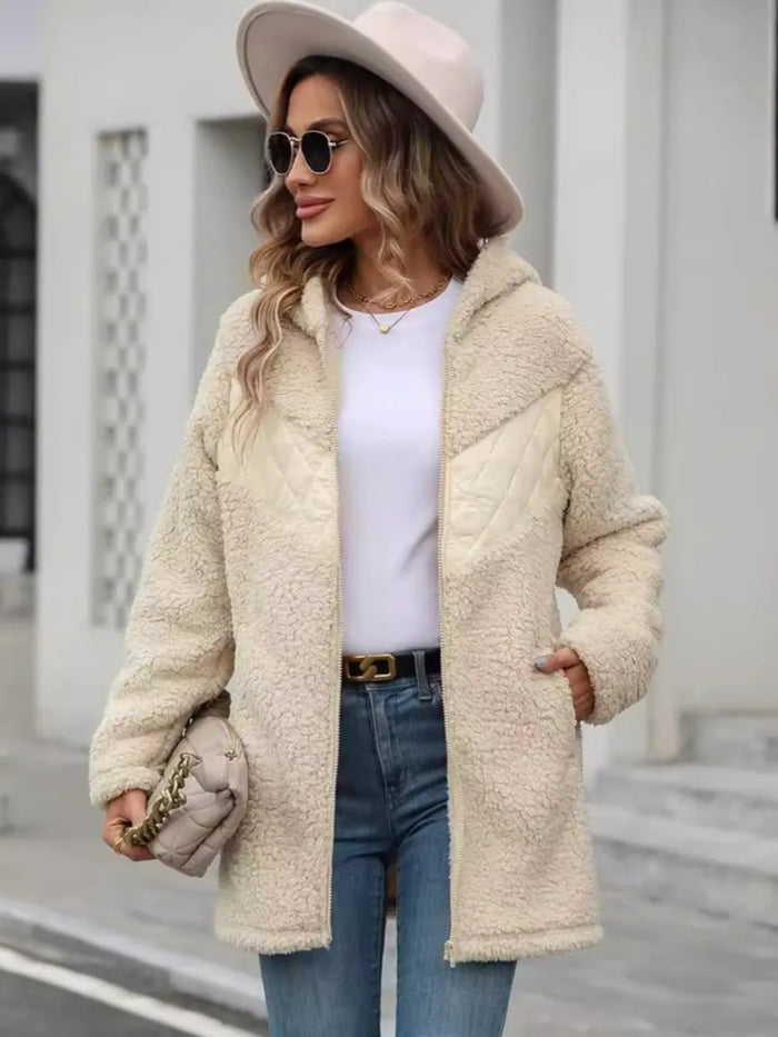 Fuzzy Zip Up Long Sleeve Hooded Jacket in Cream