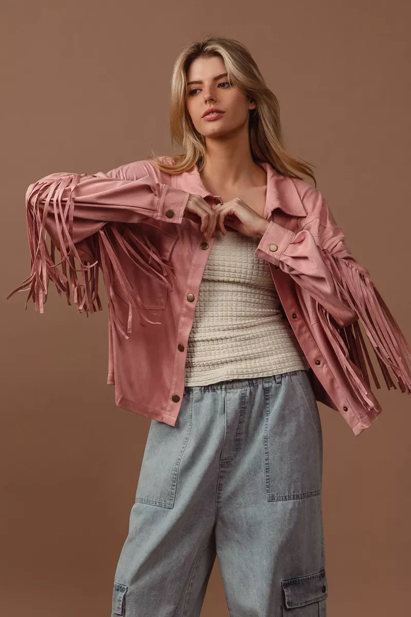 BiBi Suede Fringe Long Sleeve Jacket in Blush, view 4