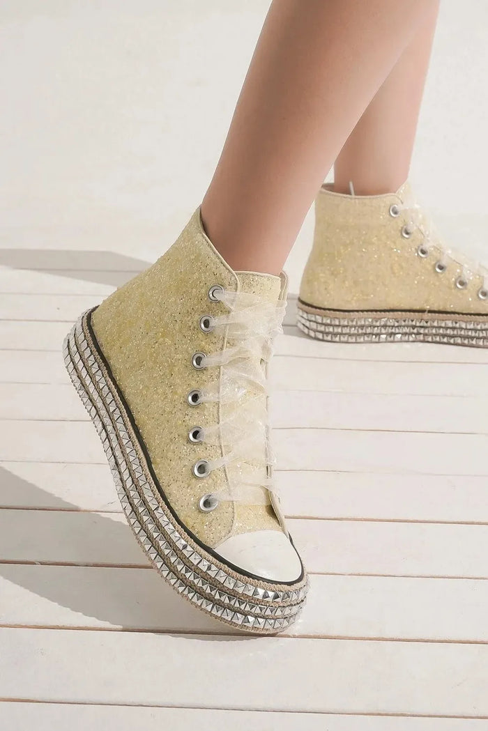 Beast Fashion Glitter Lace-Up Studded Platform Sneakers - Lilixa.store