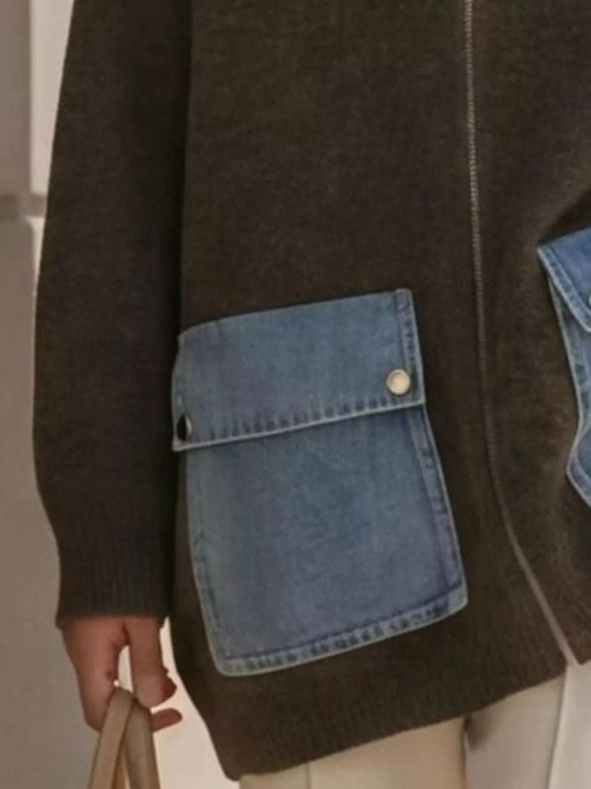 Contrast Denim Pockets Hooded Cardigan - Lilixa.store