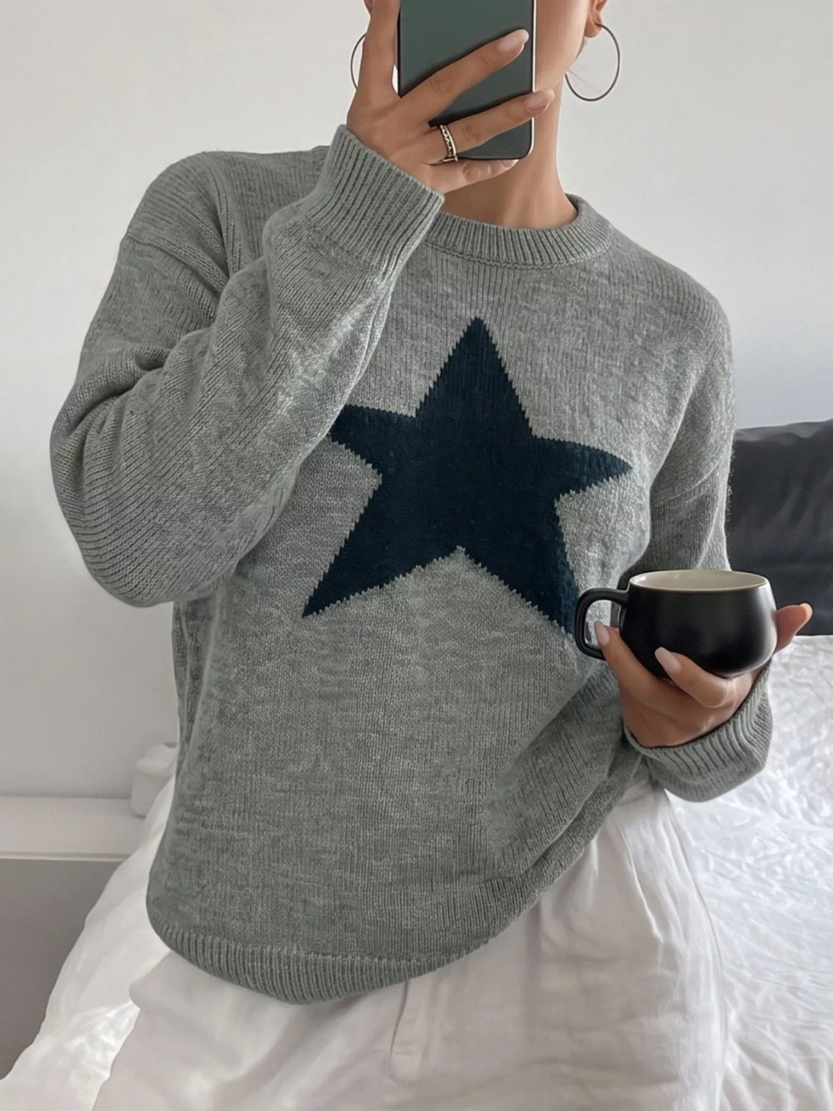 Star-Patterned Dropped Shoulder Sweater in Gray, view 2