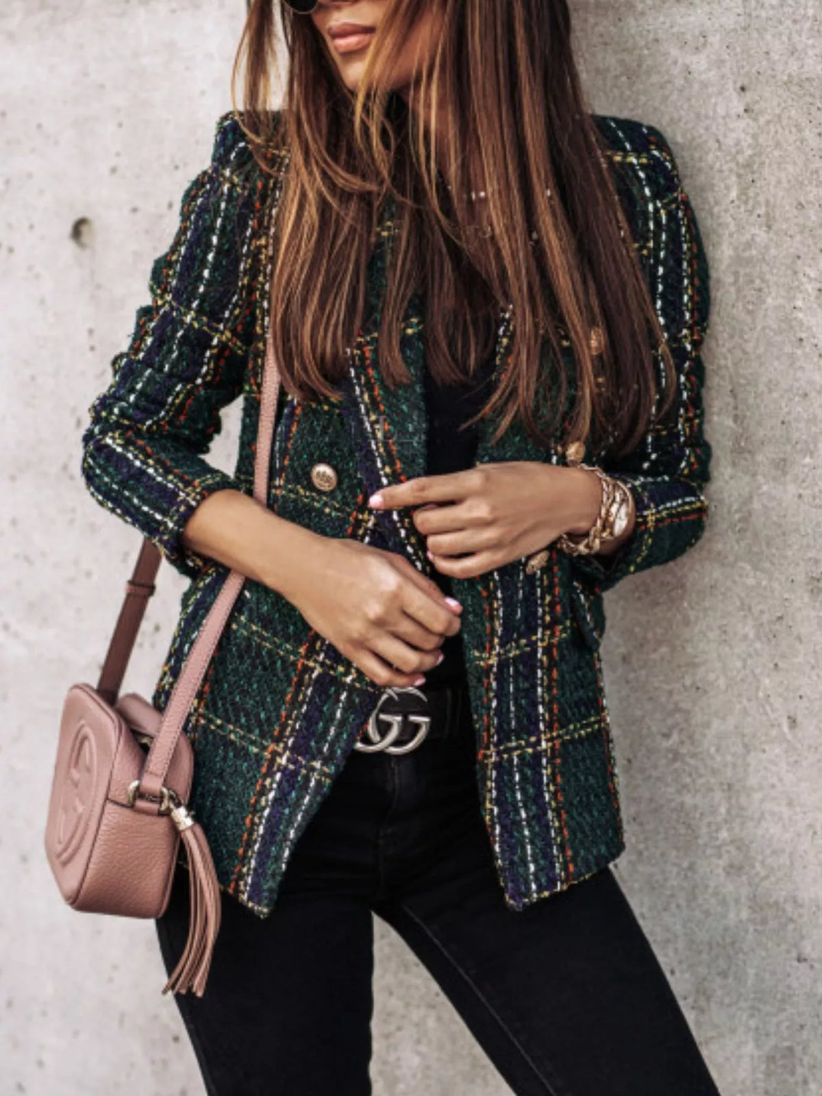 Full Size Plaid Tweed Double-Breasted Blazer Plus Size - Lilixa.store