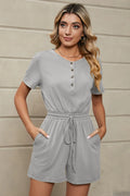 Drawstring Half Button Short Sleeve Romper - Lilixa.store