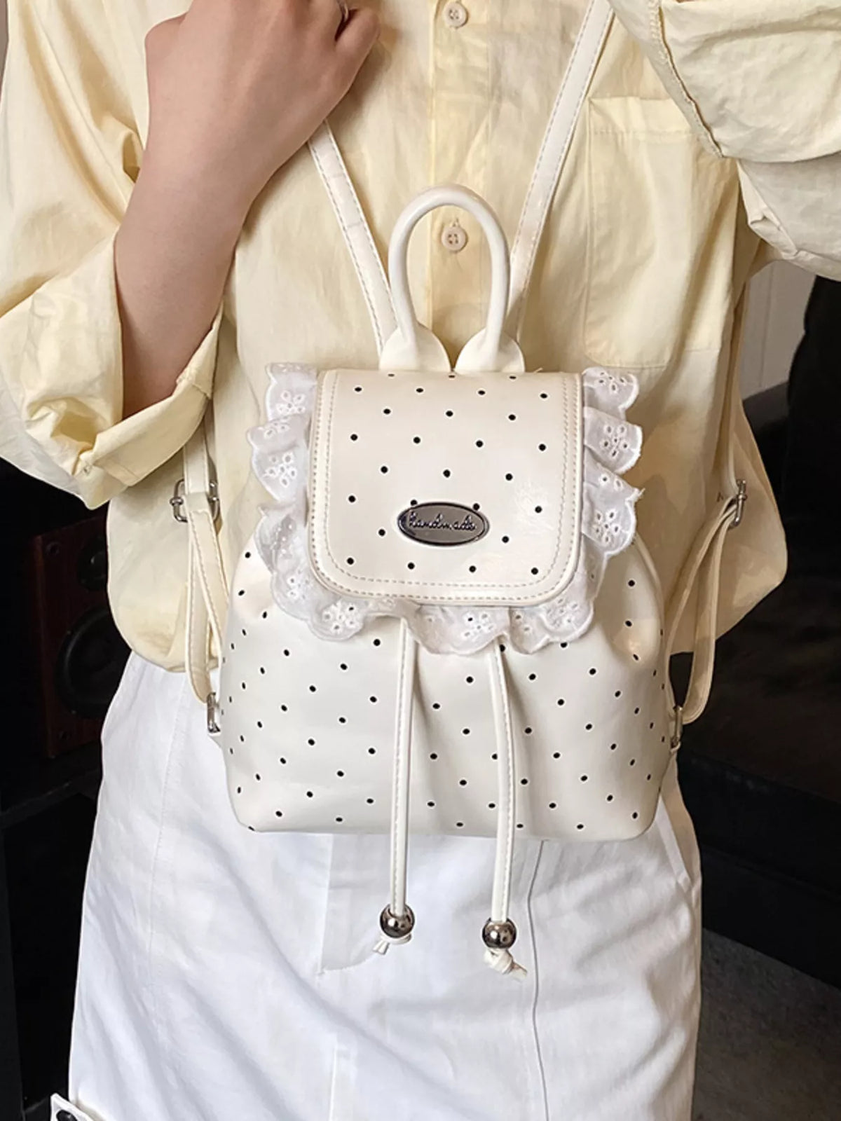 Polka Dot Lace Trim Backpack Bag - Lilixa.store