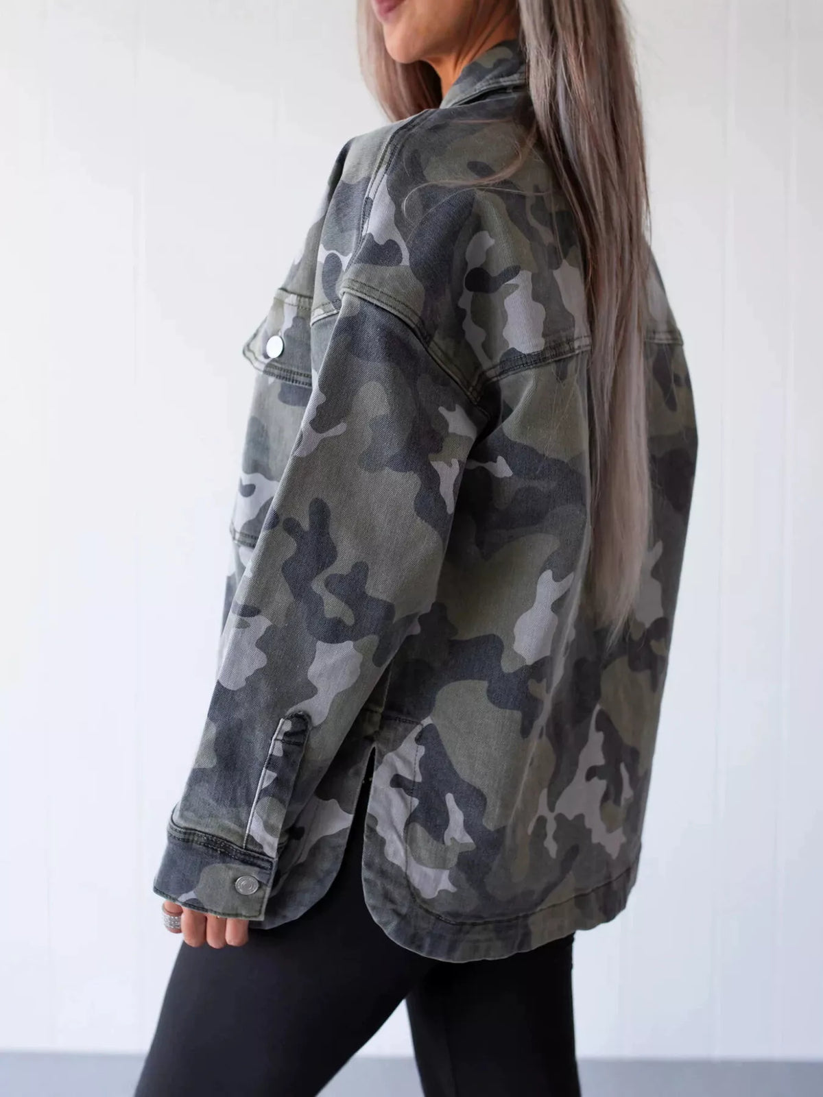 Oversized Camouflage Print Button Up Denim Jacket