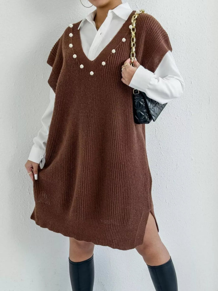 Slit V-Neck Sweater Dress in Brown
