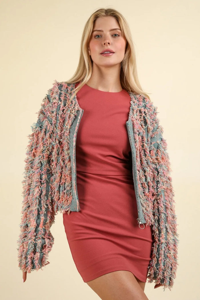 VERY J Shaggy Yarn Knit Zip Up Jacket in Green Multi