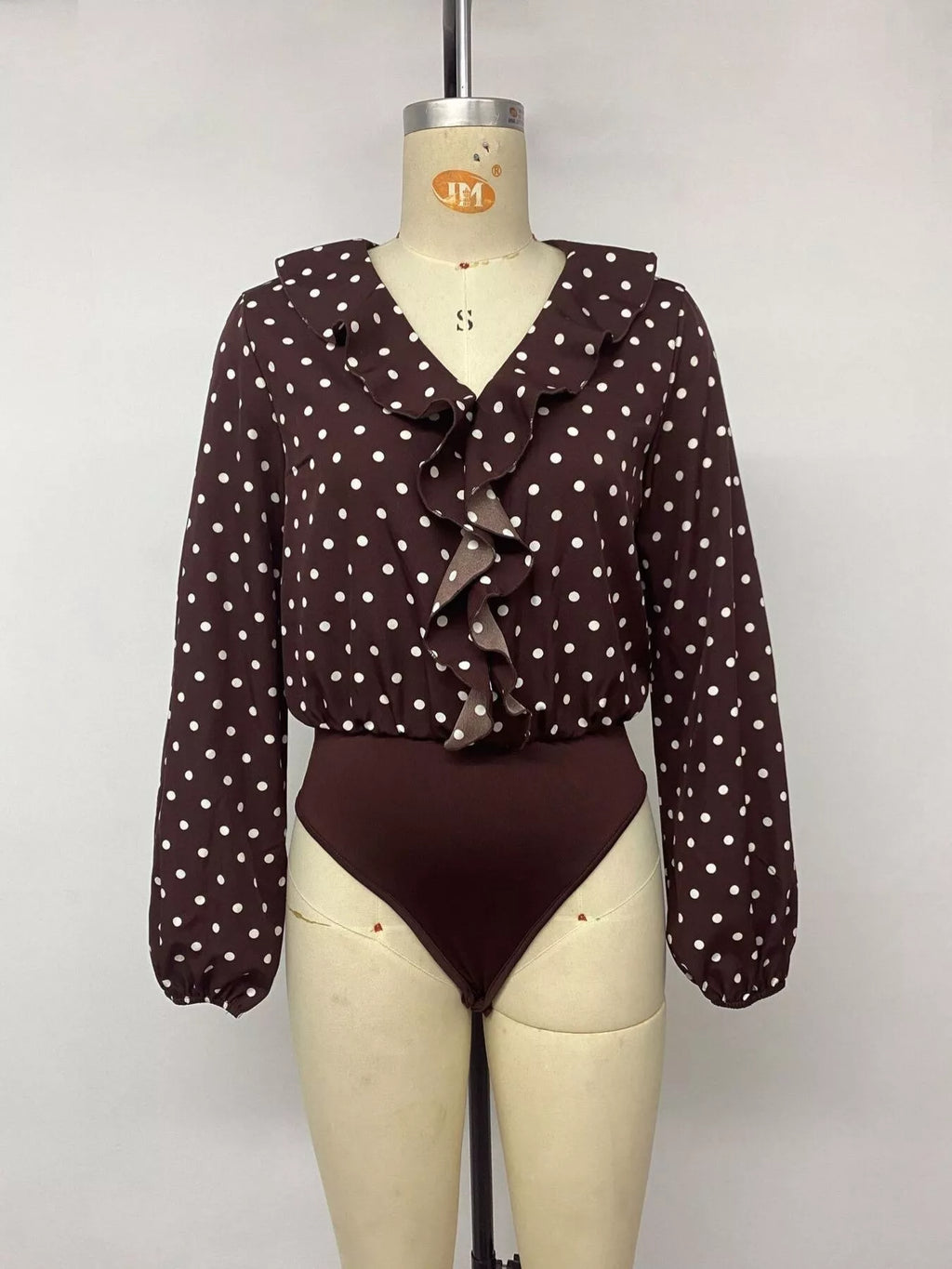 Polka Dot Ruffled V-Neck Bodysuit - Lilixa.store