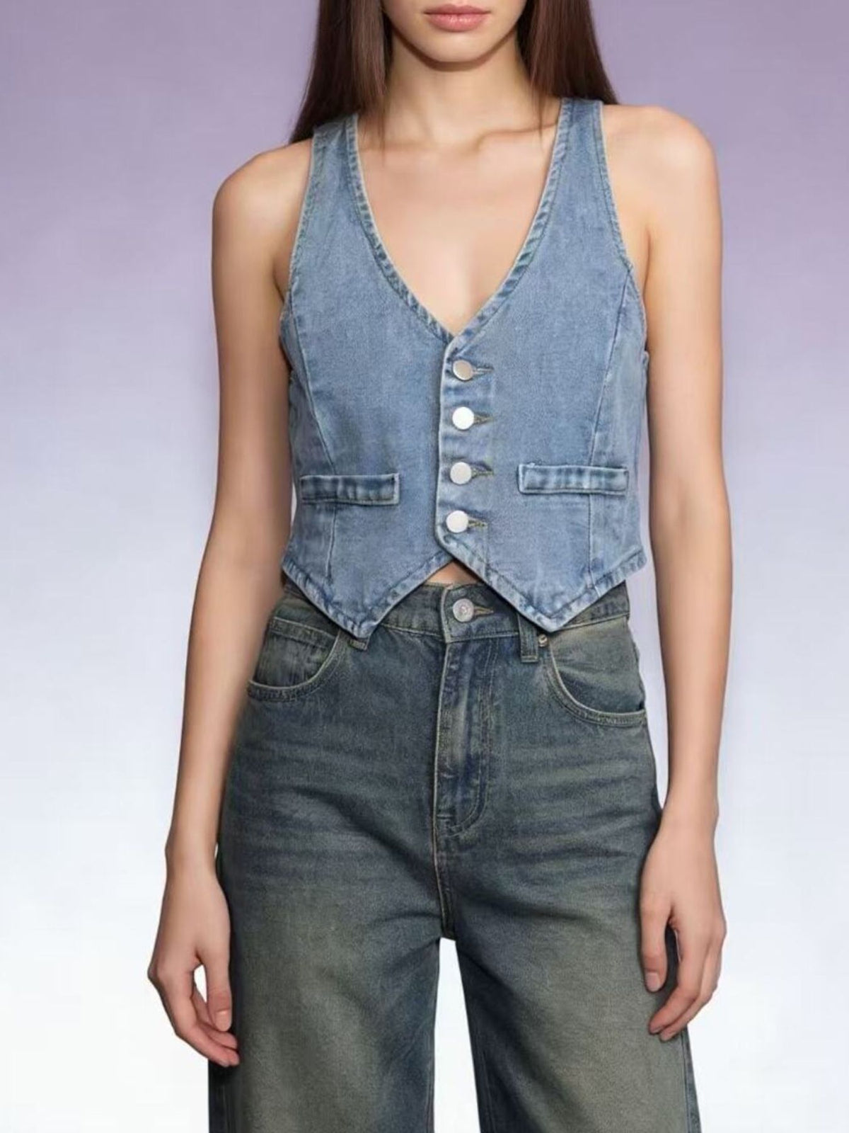 Button-Down Denim Vest - Lilixa.store
