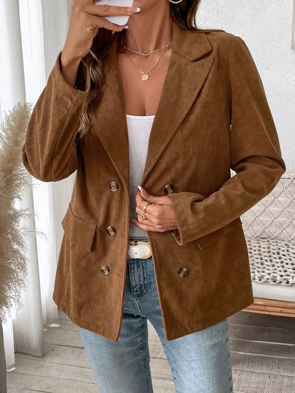 Perfee Decorative Pocket Flap Lapel Collar Long Sleeve Outerwear in Brown