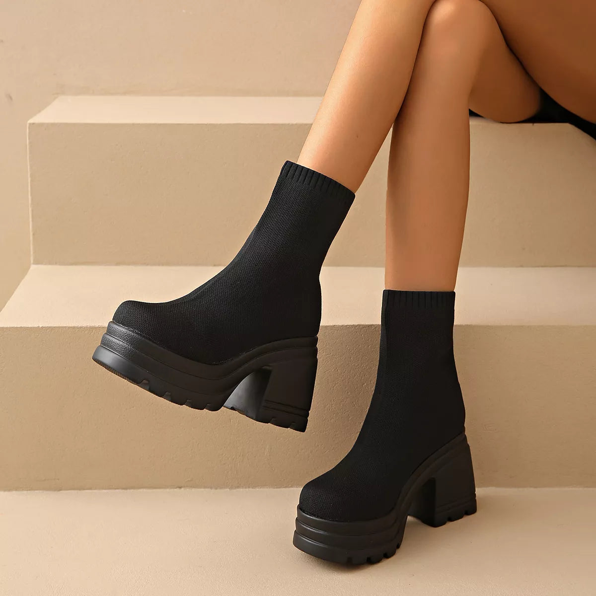 Round Toe Block Heels Boots in Black, view 2