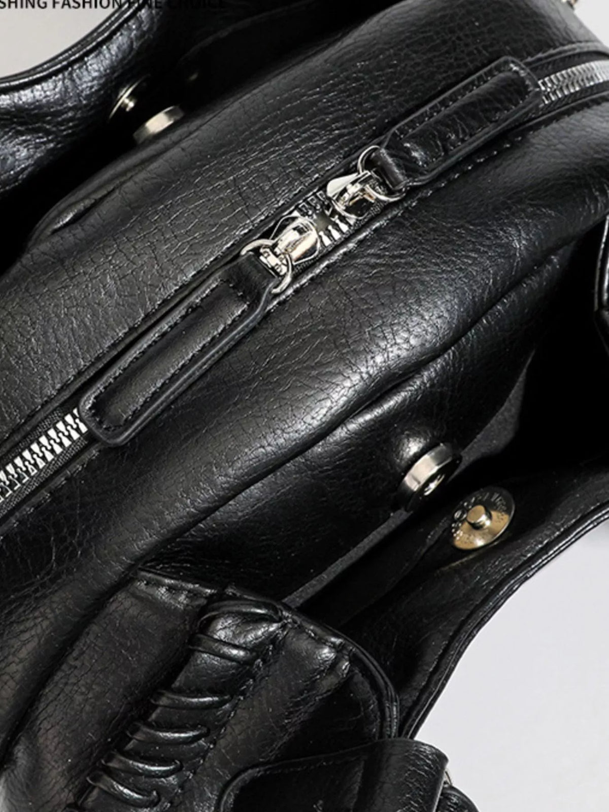 PU Leather Shoulder Bag with Woven Detail and Stud Accents in Black, view 6