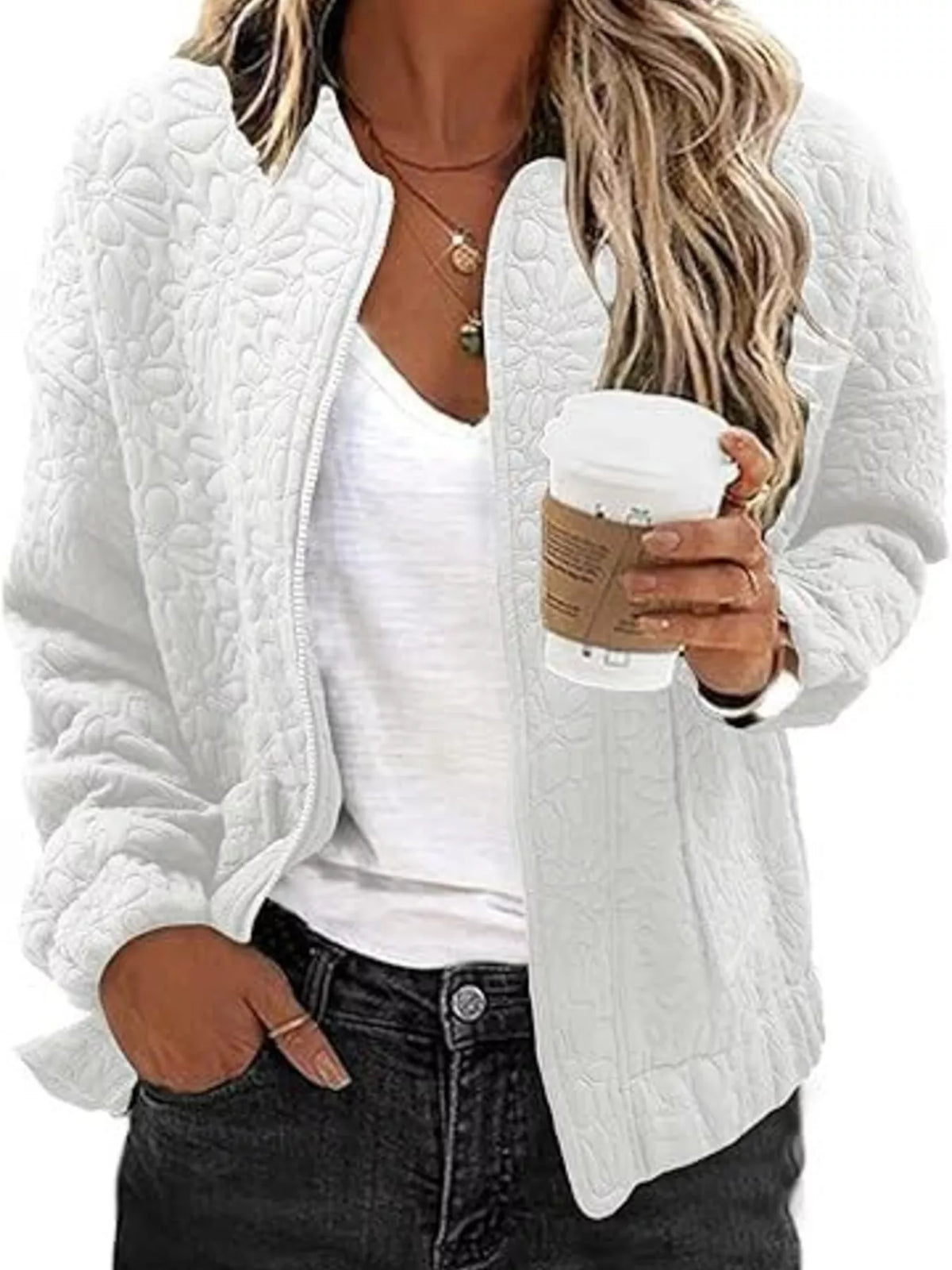 Floral Quilted Zip Up Jacket in White