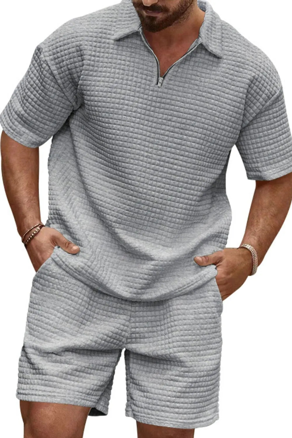 Men's Full Size Zip Collar Short Sleeve Top and Shorts Set Plus Size in Grey