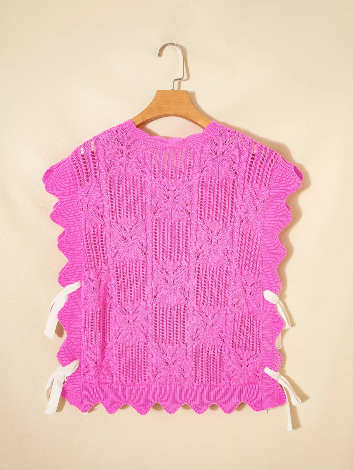 Side Tie Openwork Round Neck Sweater Vest in Fuchsia Pink, view 9