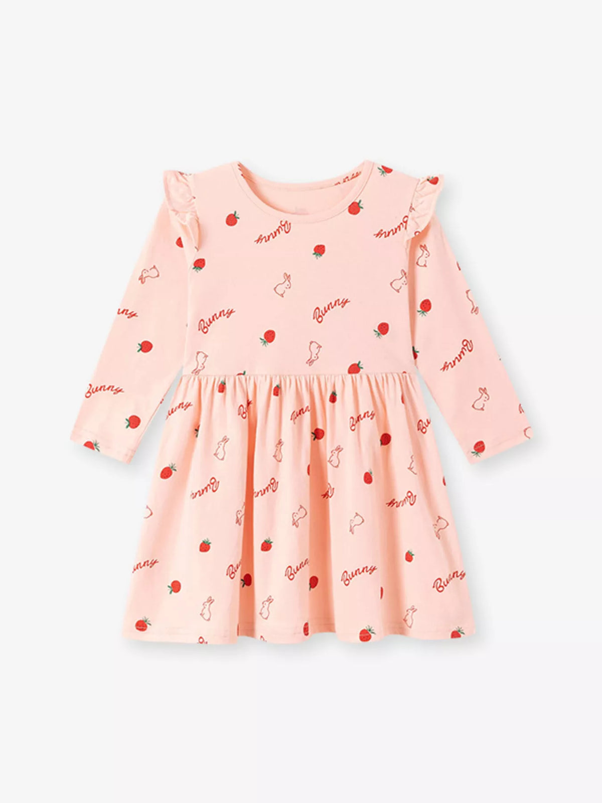 Children's Strawberry and Bunny Print Ruffled Long-Sleeve A-Line Dress - Lilixa.store