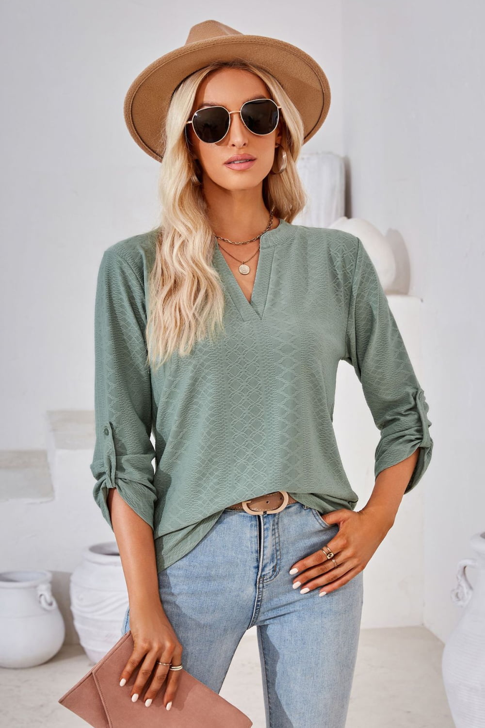 V-Neck Roll-Tap Sleeve Blouse, view 9