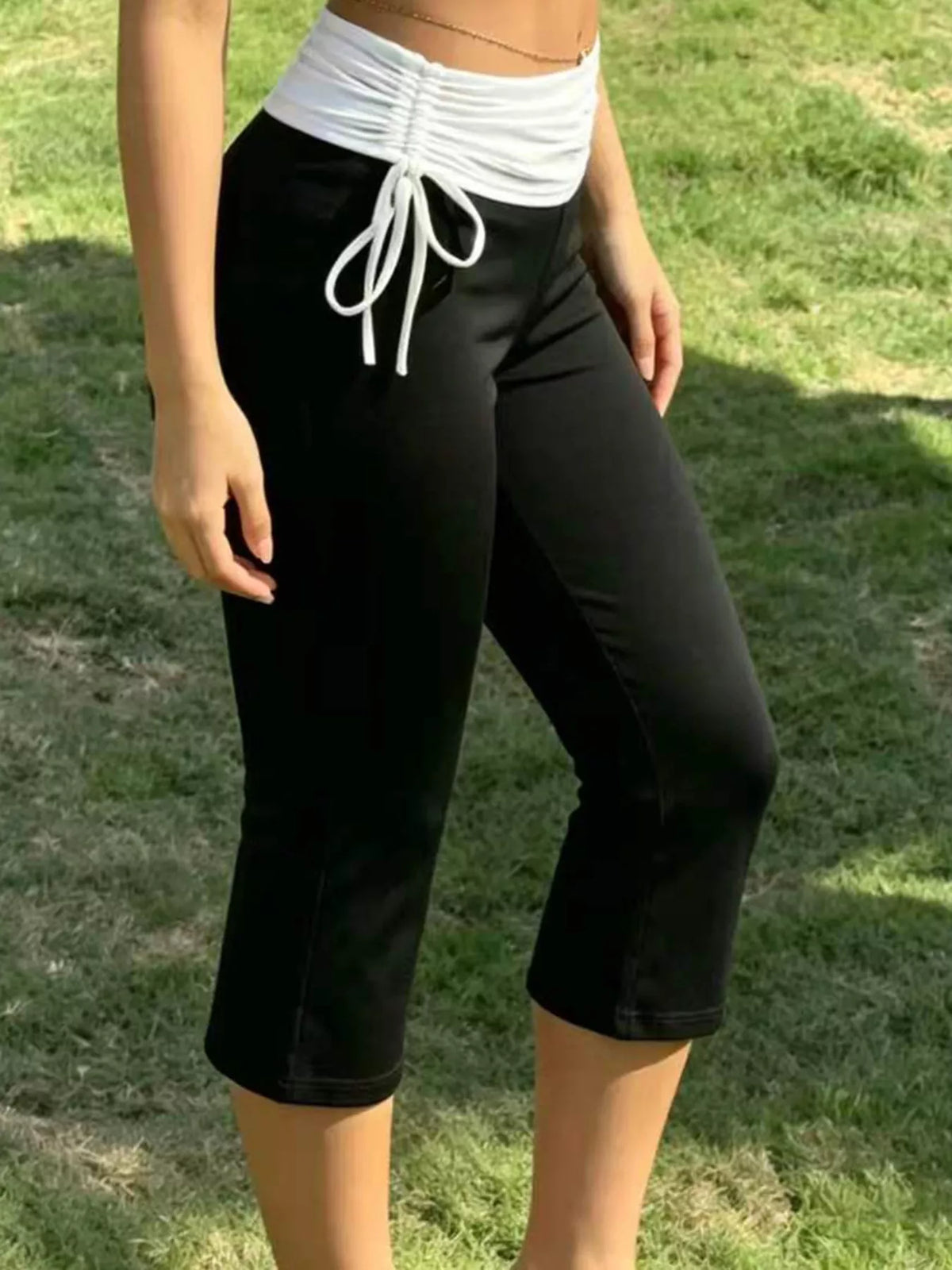 High-Waisted Ruched Drawstring Capri Pants
